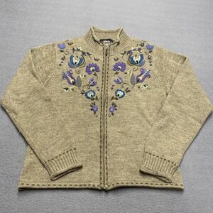 Icelandic Design Sweater Cardigan Womens Small‎ Embroidered Floral Wool Full Zip